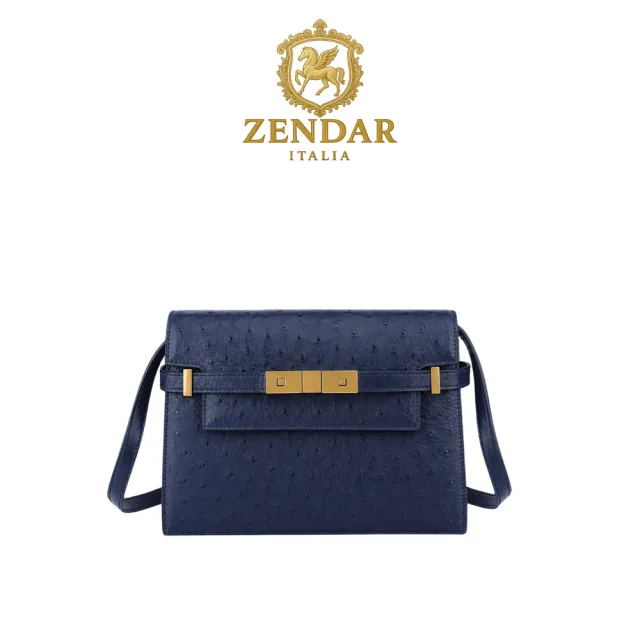 【ZENDAR】台灣總代理 限量1折 頂級珍稀鴕鳥皮肩背包 凱特系列 全新專櫃展示品(午夜藍金扣 女包)