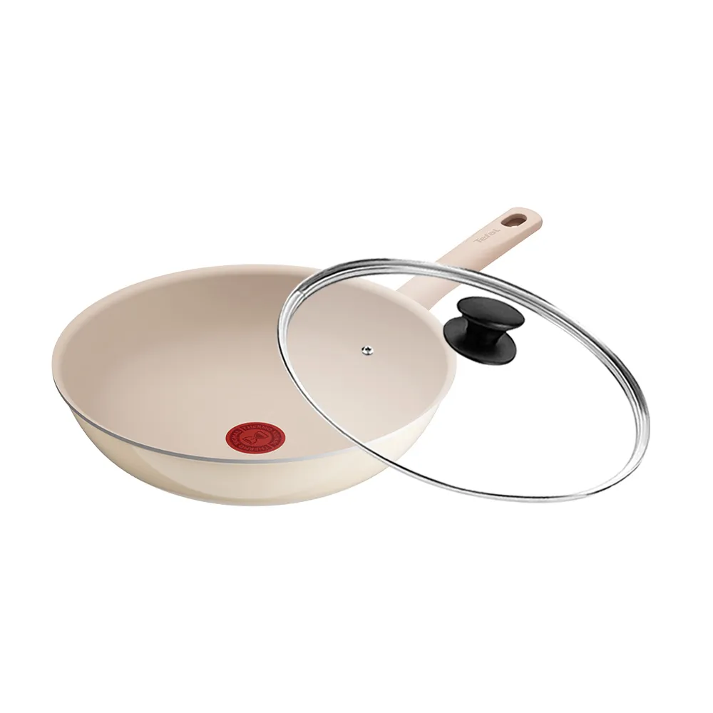 【Tefal 特福】法國製 香草牛奶系列28CM不沾鍋炒鍋+玻璃蓋