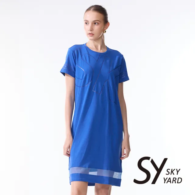 【SKY YARD】網路限定款-素面休閒短袖簍空洋裝長版上衣-藍色