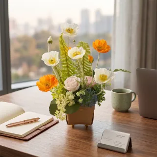 【HUGO DECO 榆果傢飾】橘白虞美人皮革盆香氛花藝(擬真花/香氛/送花/入厝/送禮)