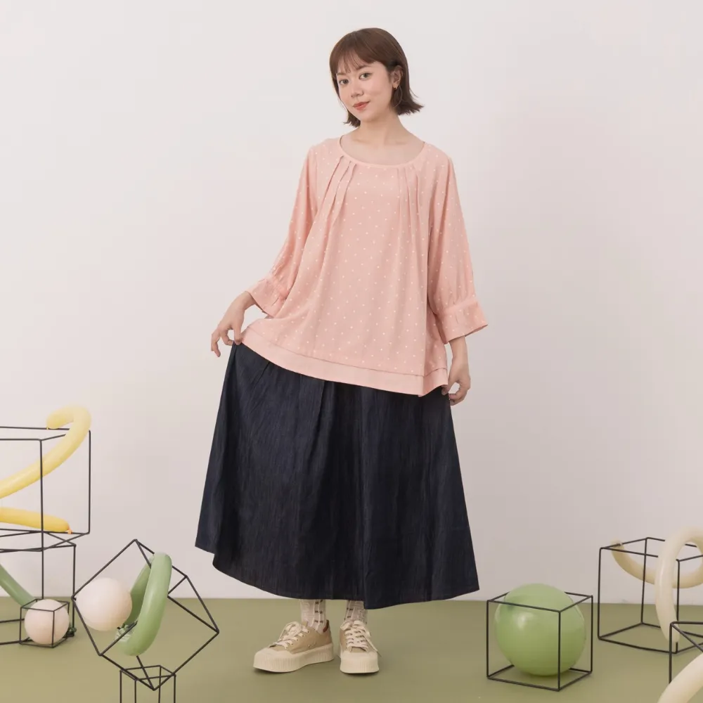 【MOSS CLUB】全腰鬆緊打褶牛仔傘裙(藍)