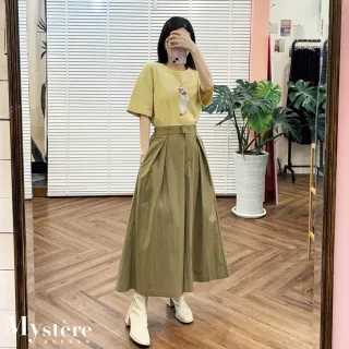【my stere 我的時尚秘境】顯瘦打摺A字寬褲 卡其綠 傘襬寬褲 大寬褲 褲裙 鬆緊褲 A字裙