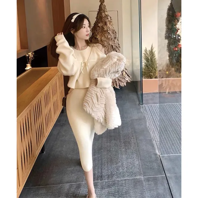 【TONYU 童嶼】女裝溫柔系兩件式針織套裝 短版針織上衣＋修身針織長裙 顯瘦氣質套裝 露肩緞帶蝴蝶結
