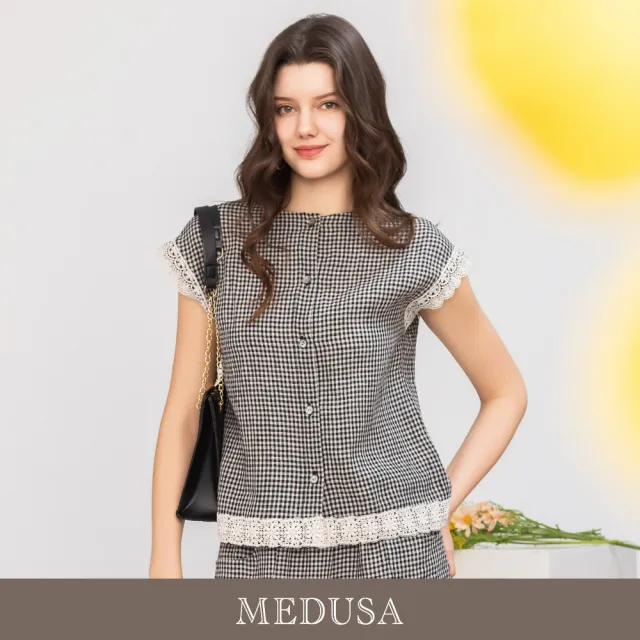 【MEDUSA 曼度莎】現貨-晨霧灰黑格亞麻蕾絲邊上衣（M-XL）｜亞麻上衣 蕾絲邊 休閒穿搭