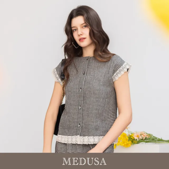 【MEDUSA 曼度莎】現貨-晨霧灰黑格亞麻蕾絲邊上衣(M-XL)|亞麻上衣 蕾絲邊 休閒穿搭