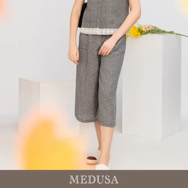 【MEDUSA 曼度莎】現貨-晨霧灰黑格亞麻七分寬褲（M-XL）｜亞麻寬褲 七分褲 休閒穿搭