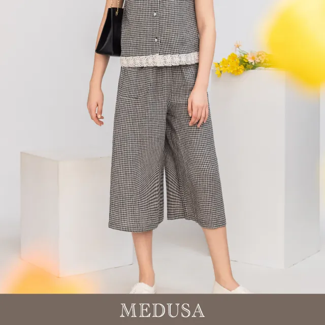 【MEDUSA 曼度莎】現貨-晨霧灰黑格亞麻七分寬褲（M-XL）｜亞麻寬褲 七分褲 休閒穿搭