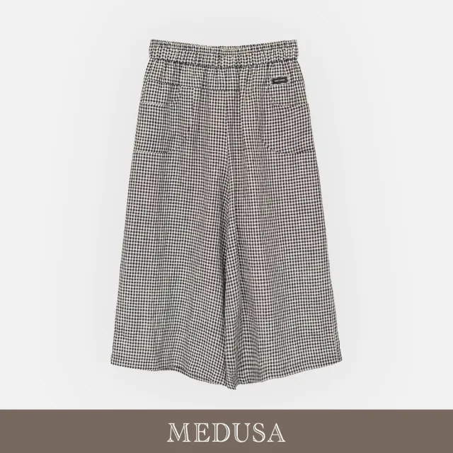 【MEDUSA 曼度莎】現貨-晨霧灰黑格亞麻七分寬褲（M-XL）｜亞麻寬褲 七分褲 休閒穿搭
