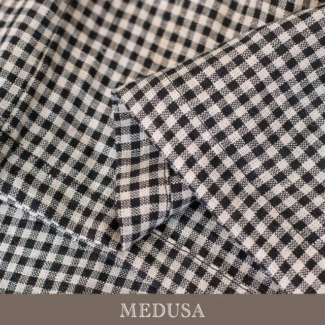 【MEDUSA 曼度莎】現貨-晨霧灰黑格亞麻七分寬褲（M-XL）｜亞麻寬褲 七分褲 休閒穿搭