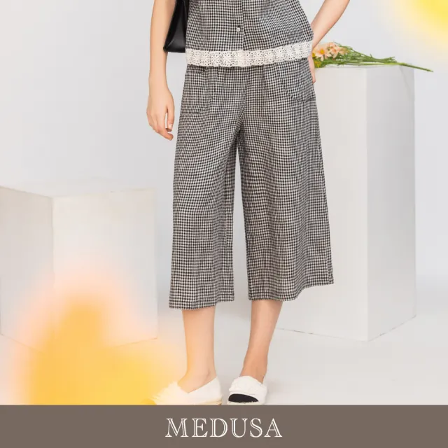 【MEDUSA 曼度莎】現貨-晨霧灰黑格亞麻七分寬褲(M-XL)|亞麻寬褲 七分褲 休閒穿搭