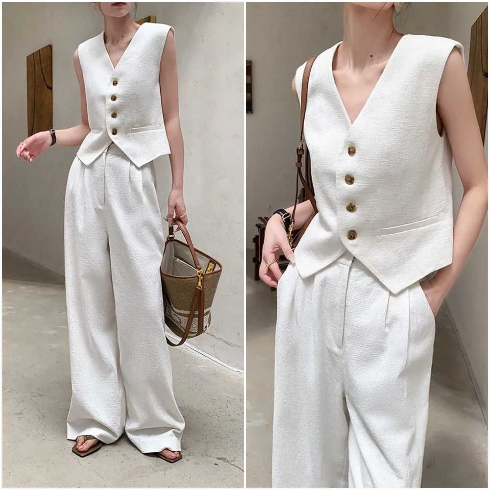 【米蘭精品】現貨+預購 休閒套裝無袖褲裝(西裝背心高腰寬褲女裝t1km72)