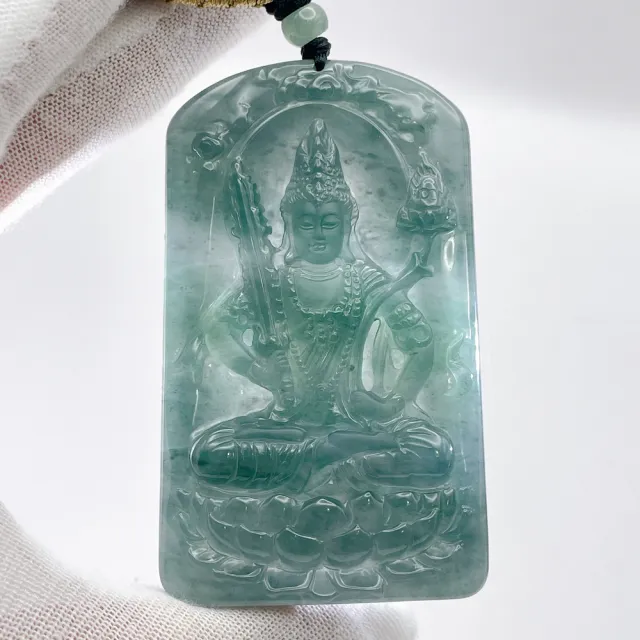 琪臻珠寶】天然A貨翡翠糯冰種藍水山水文殊觀音吊墜(福慧兼修_智慧護身