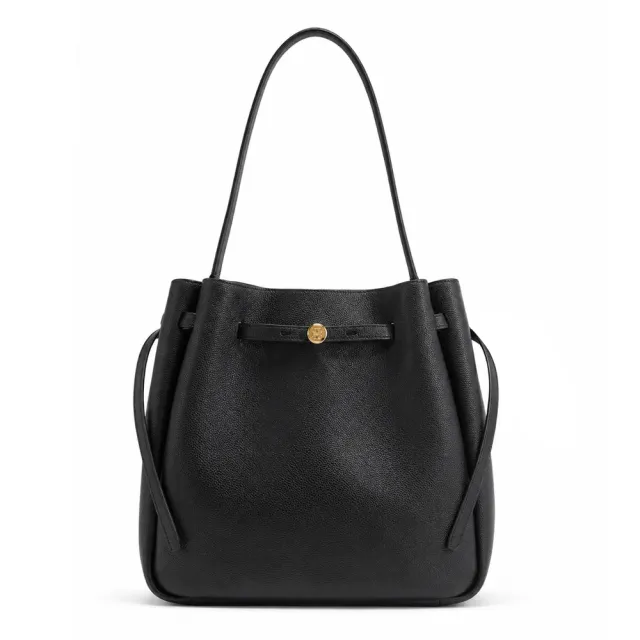 【TORY BURCH】ROMY 納帕皮革束帶繩肩背水桶包(大/黑)