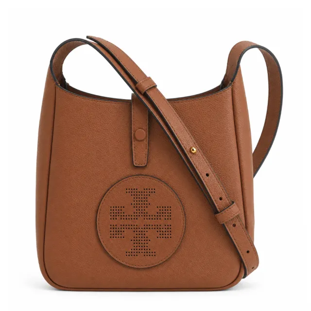【TORY BURCH】MILLER SEING 荔枝紋皮革鏤空雙T圓章標誌斜背包(經典棕)