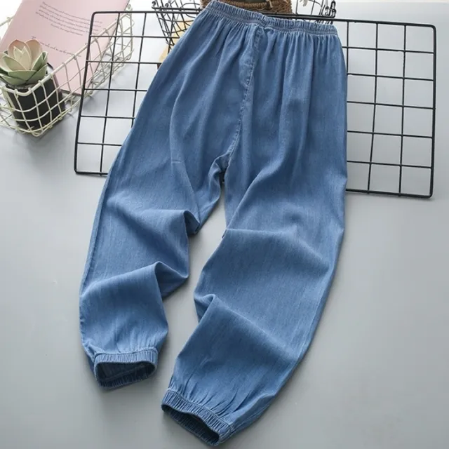 【橘魔法】刺繡字母天絲棉薄牛仔褲 大童 男童 女童 童裝 兒童 縮口褲 防蚊褲 空調褲 薄長褲 長褲 防曬