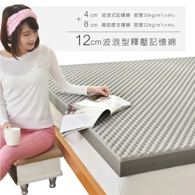 【House Door 好適家居】日本大和抗菌布12cm厚波浪面竹炭記憶床墊(雙人5尺 贈工學枕)