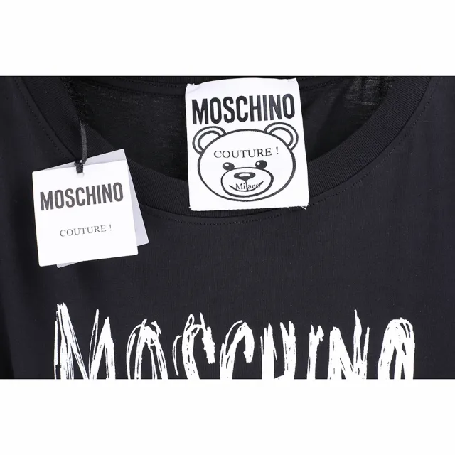 【MOSCHINO】手繪泰迪熊字母黑色短袖長版TEE 洋裝