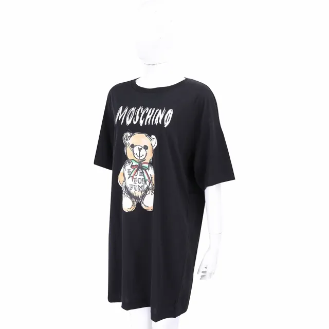 【MOSCHINO】手繪泰迪熊字母黑色短袖長版TEE 洋裝