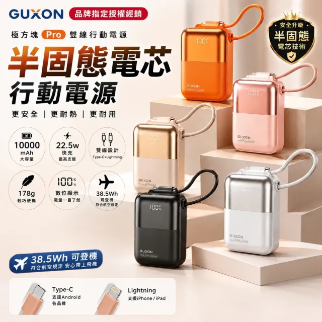 【GUXON】極方塊雙線行動電源/快充行動電源/隨身充/自帶線行動電源/大容量行動電源(10000mAh/Wh標示/22.5W