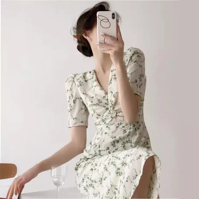 【TONYU 童嶼】女裝法式碎花雪紡洋裝 V領收腰顯瘦氣質中長裙 短袖及膝裙 白底綠花洋裝