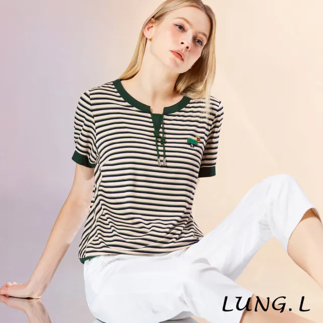 【LUNG.L 林佳樺】LW35A 綠色條紋領口綁帶涼感短袖女裝上衣