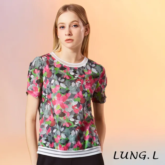 【LUNG.L 林佳樺】LW29A 黑底彩色花卉拼接圓領短袖女裝上衣（加大尺碼）