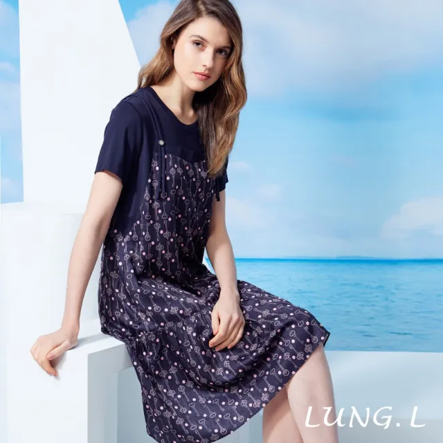 【LUNG.L 林佳樺】LU92H 深藍鑰匙印花假兩件短袖洋裝
