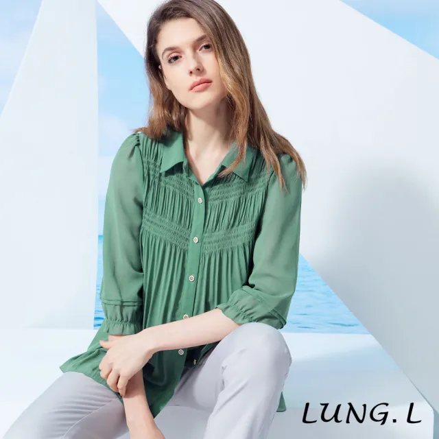 【LUNG.L 林佳樺】LW37A 飄逸感綠色百褶雪紡七分袖女裝襯衫