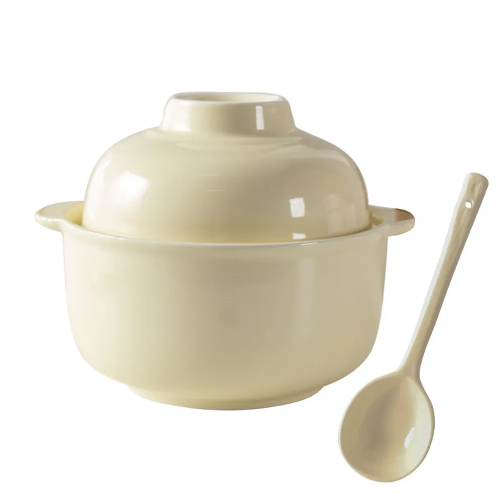 日式純陶瓷泡面碗 餐具套裝 麵碗 方便麵碗(碗蓋+筷子+勺子三件套 陶瓷麵碗)
