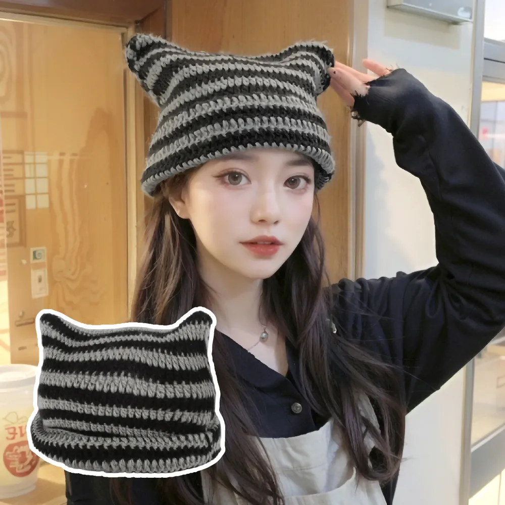 【時尚單品】ins韓系貓耳朵針織帽(韓國女團 愛豆同款 貓耳毛帽 保暖  秋冬帽 美拉德 護耳帽 百搭)