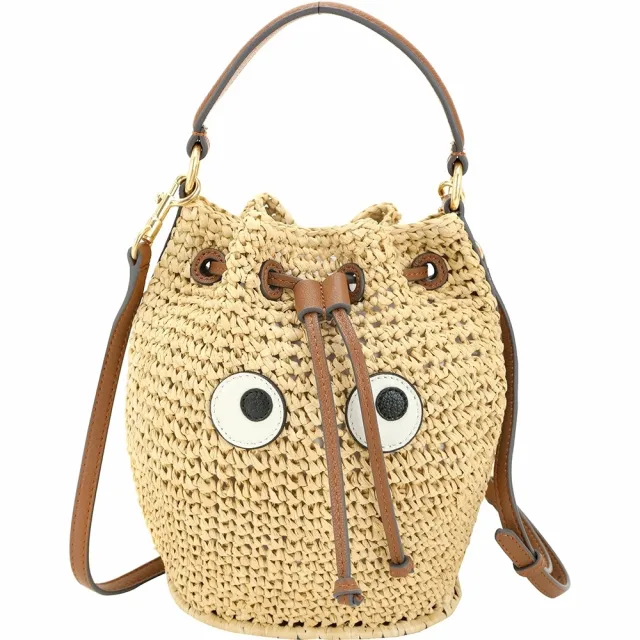 【ANYA HINDMARCH】Eyes 大眼睛拉菲草編織手提 斜背水桶包(咖x駝色)