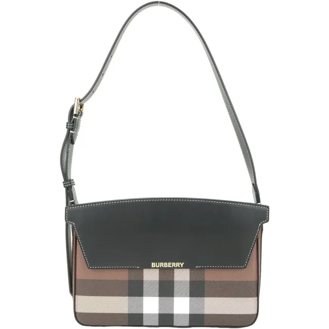 【BURBERRY 巴寶莉】Catherine 格紋拼接小牛皮翻蓋肩背腋下包(深樺木棕)