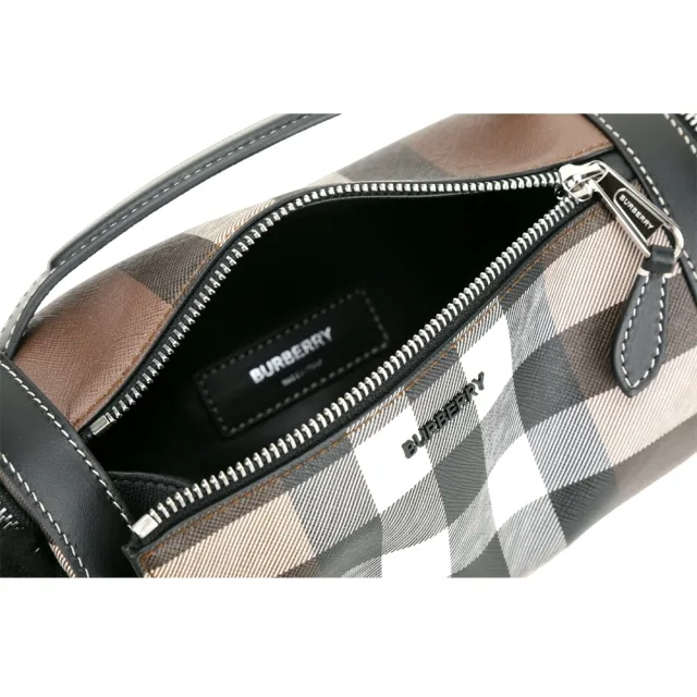 【BURBERRY 巴寶莉】Check 格紋環保帆布圓筒包(深樺木棕)