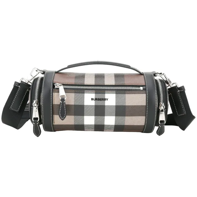 【BURBERRY 巴寶莉】Check 格紋環保帆布圓筒包(深樺木棕)