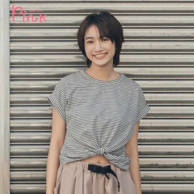 【PINK NEW GIRL】糖果扭結橫條上衣 (2色) A1306AC
