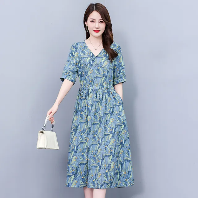 【巴黎精品】多款KC精品 連身洋裝印花連身裙長裙短袖A字裙子寬鬆顯瘦連衣裙大尺碼女裝(氣質印花裙k2bc48 B)