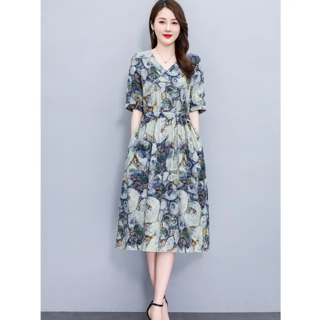 【巴黎精品】多款KC精品 連身洋裝印花連身裙長裙短袖A字裙子寬鬆顯瘦連衣裙大尺碼女裝(氣質印花裙k2bc48 B)