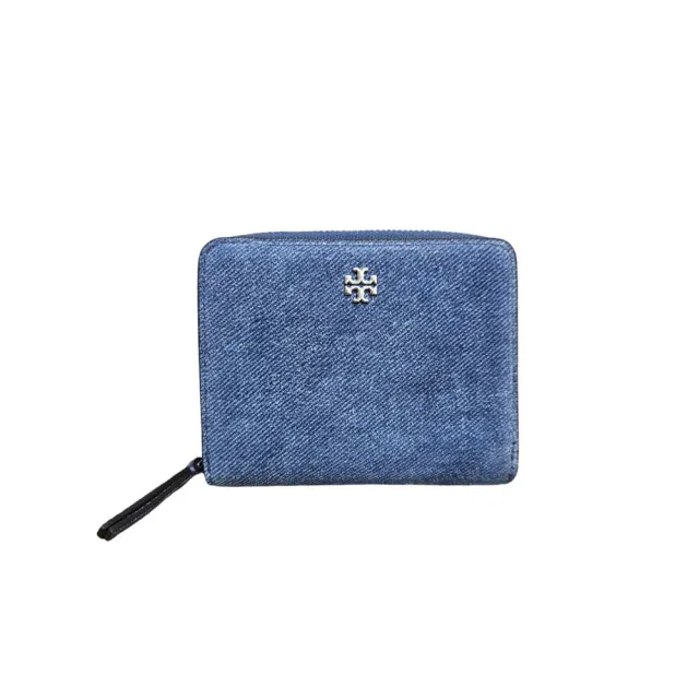 【TORY BURCH】TB 專櫃款 EMERSON 麂皮絨單寧刷色釦式對開短夾禮盒組送禮原廠紙袋
