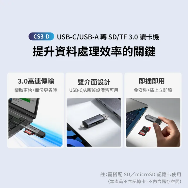 【PX 大通】Type C USB A 雙介面2合1高速讀卡機 SD/micro SD 支援SD/TF3.0版 支援104 MB/s傳輸速度(CS3-D)