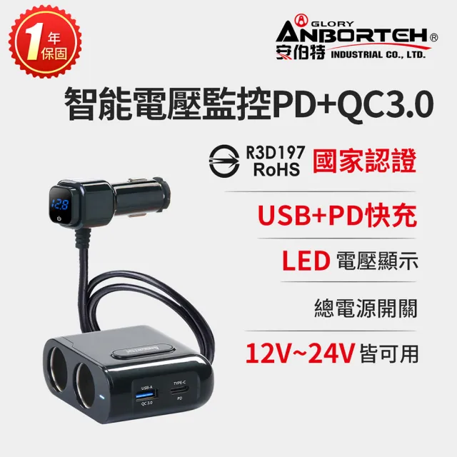 【ANBORT 安伯特】酷電大師 智能電壓監控PD+QC3.0 4孔車充 2孔+USB+PD 國家認證 一年保固(電流過充保護)