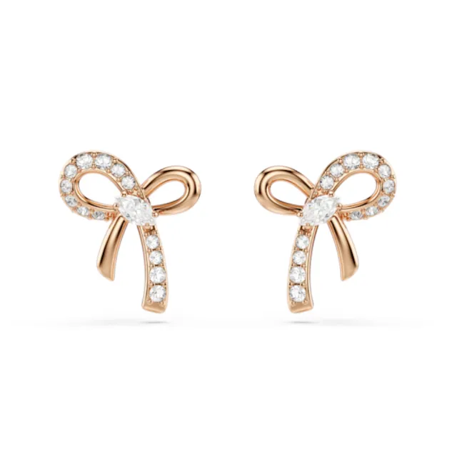 【SWAROVSKI 施華洛世奇】官方直營 Hyperbola 蝴蝶結耳釘 鍍玫瑰金色 千金風天花板 法式浪漫 | 5753335