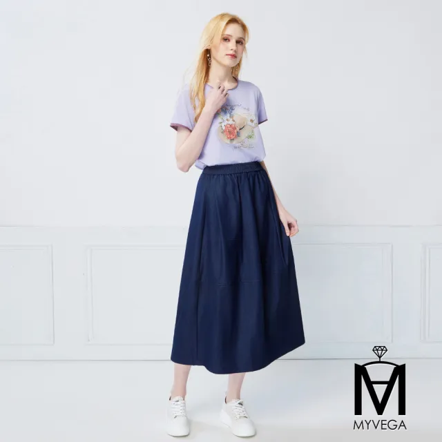 【MYVEGA 麥雪爾】MA萊賽爾鬆緊腰輕薄仿牛仔八分裙-深藍(女下身/長裙/牛仔裙)