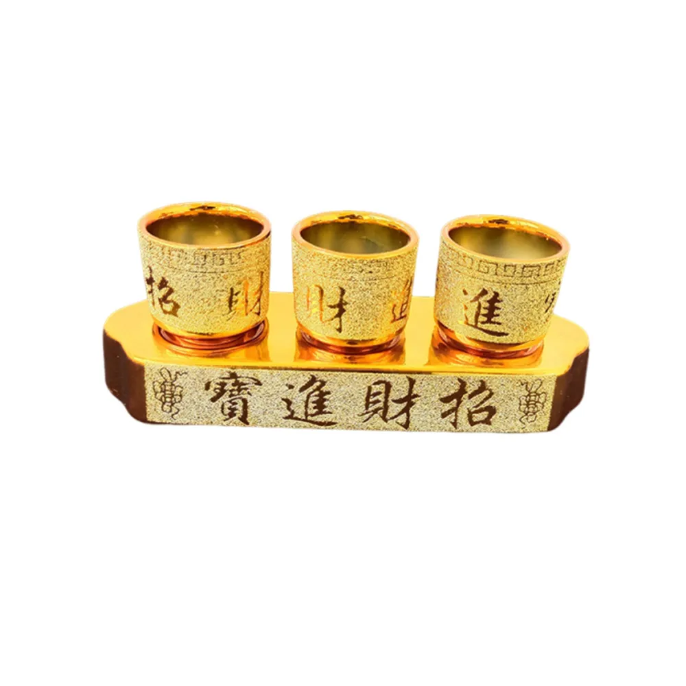 虔誠喝水】沙金三連佛堂供杯含底座(神明杯敬杯陶瓷拜拜佛具供奉祭拜