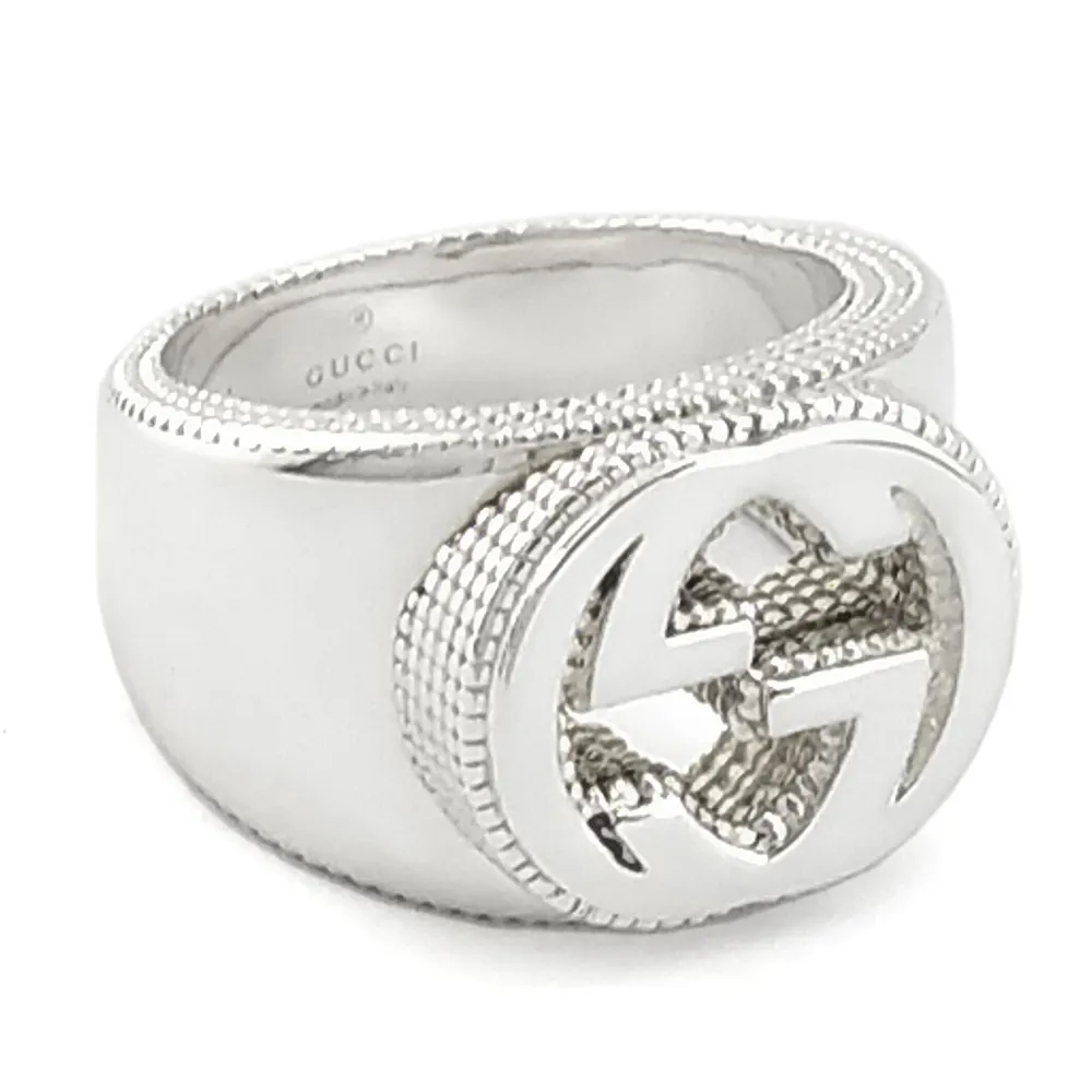 【GUCCI 古馳】925純銀-Interlocing 大G LOGO立體雕花男用厚版戒指(展示品)