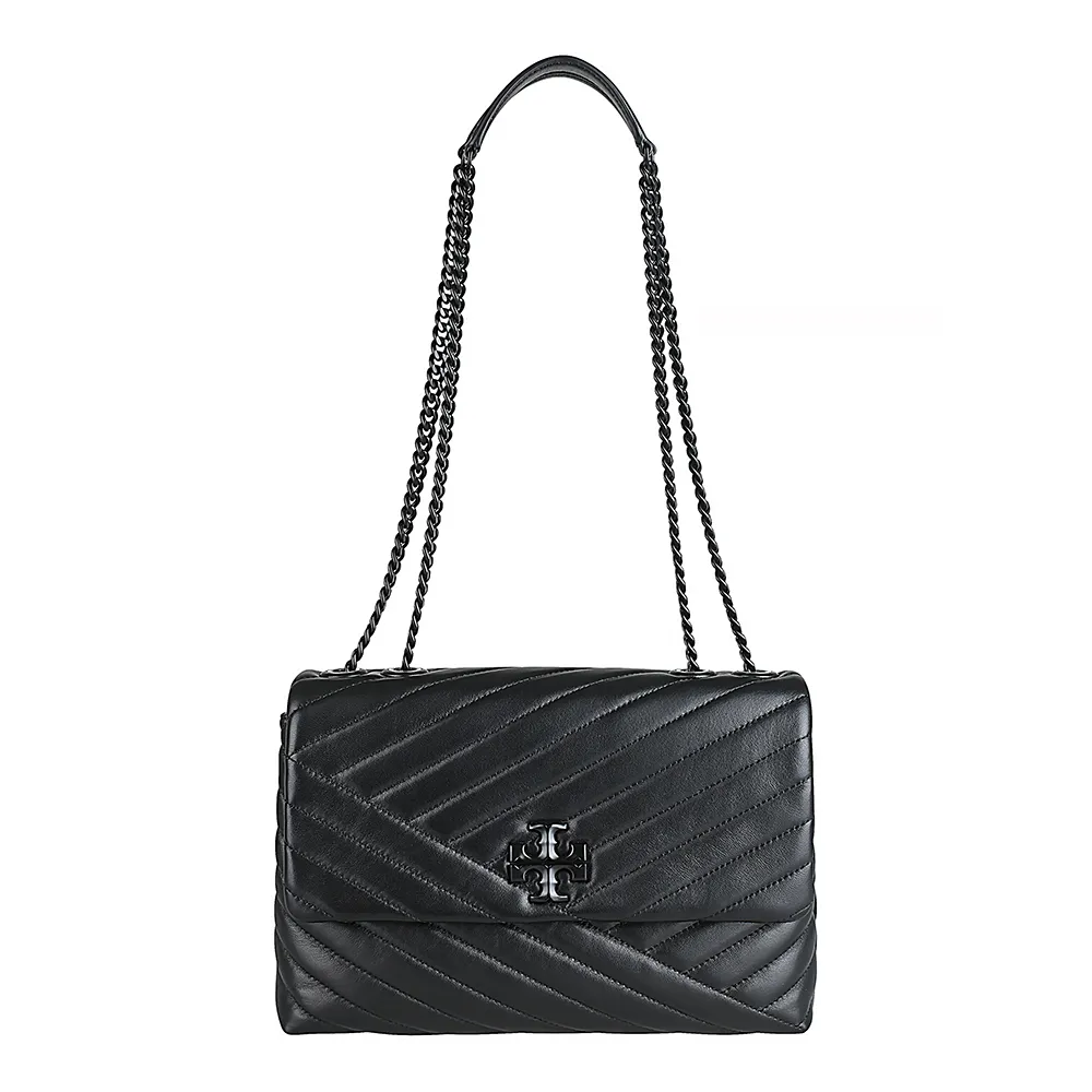 【TORY BURCH】TORY BURCH Kira雙T黑字LOGO小羊皮斜紋線設計翻蓋磁釦式肩背/斜背包(黑)
