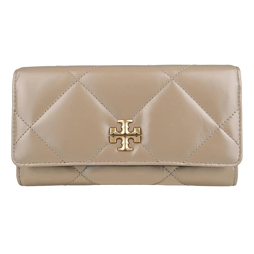 【TORY BURCH】TORY BURCH Kira經典雙T LOGO菱格絎縫皮革翻蓋磁吸扣式長夾(灰褐)