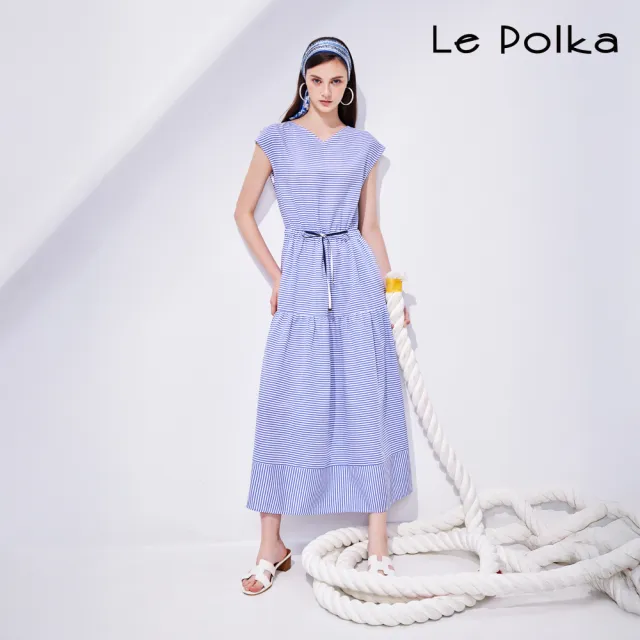 【Le Polka】條紋綁帶連身洋裝-女