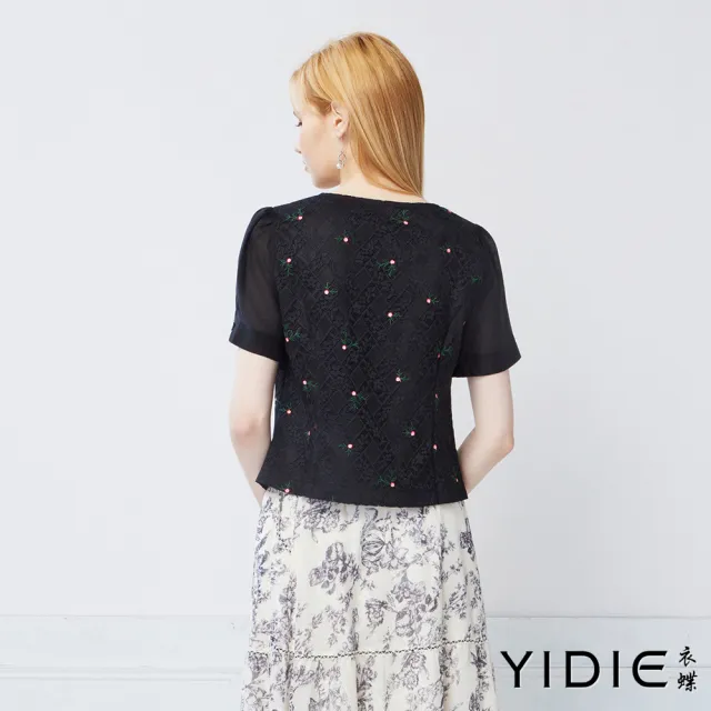 【YIDIE】花朵刺繡雙向拉鍊蕾絲上衣-黑