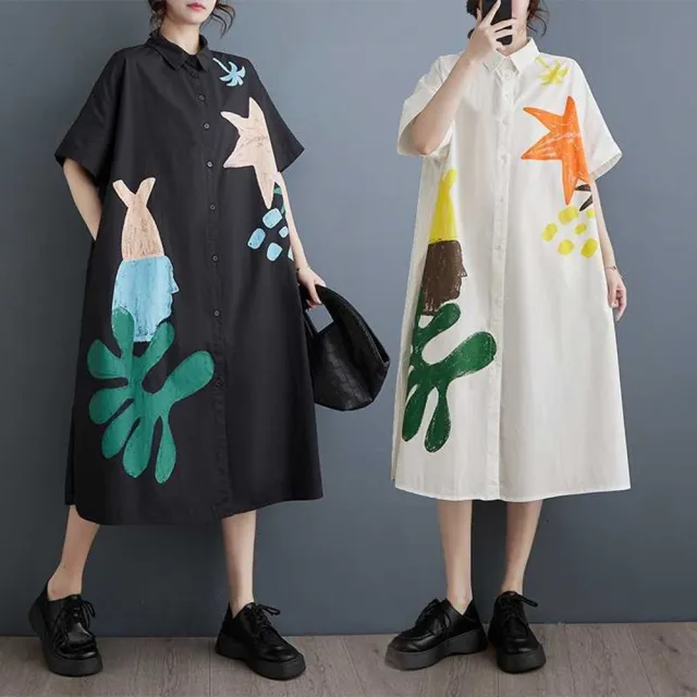 【巴黎精品】極速出貨 女連身裙寬鬆洋裝大尺碼長裙連衣裙A字裙大碼女裝(五分袖襯衫裙女裙子多款a1fd7 2G)