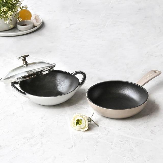【STAUB】迷你煲琺瑯鑄鐵鍋16cm＋圓形琺瑯鑄鐵平煎鍋16cm(德國雙人牌集團官方直營)